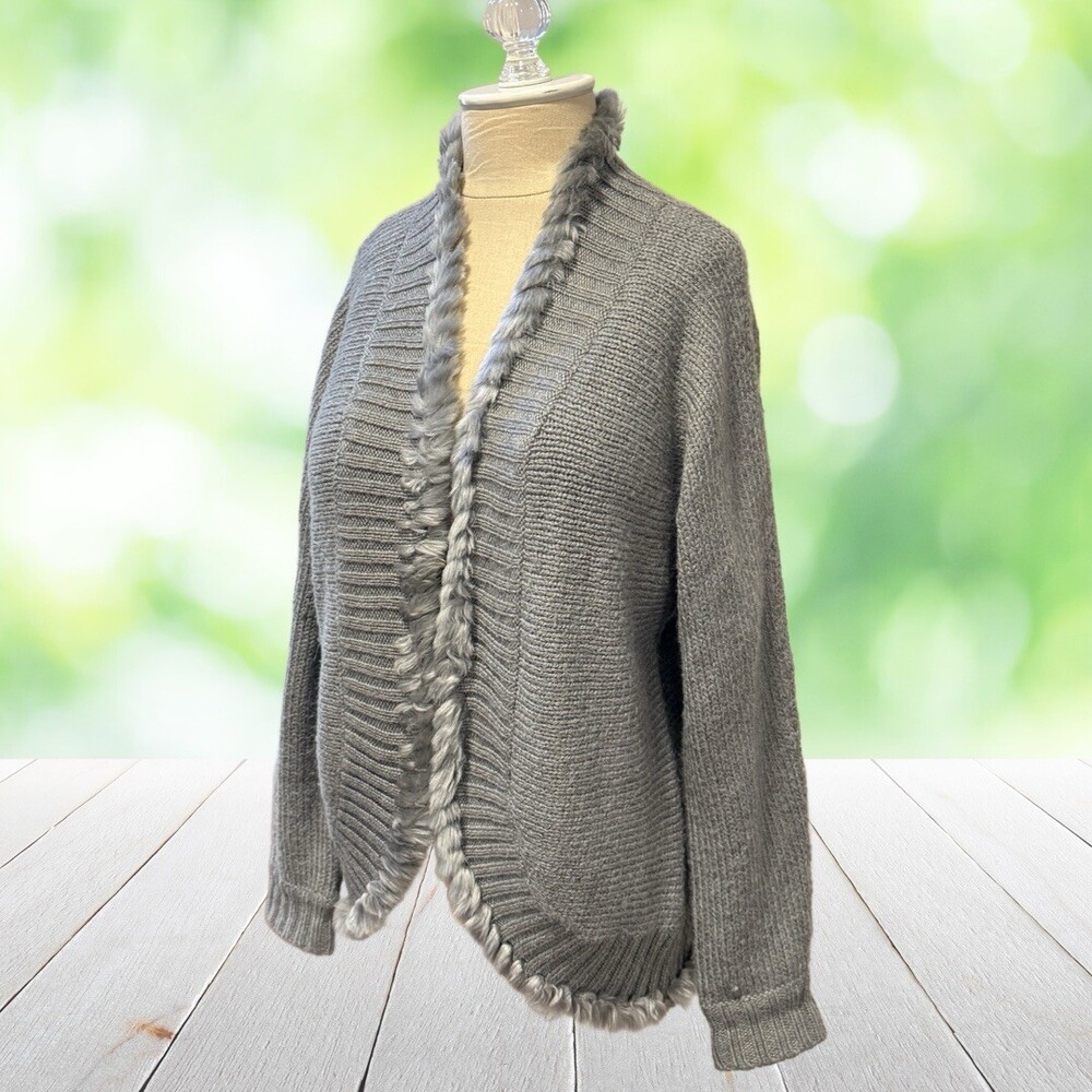 Vintage CHICOS Alpaca Blend Cardigan Faux Fur Trim Shawl Collar Gray Size 2 (L)